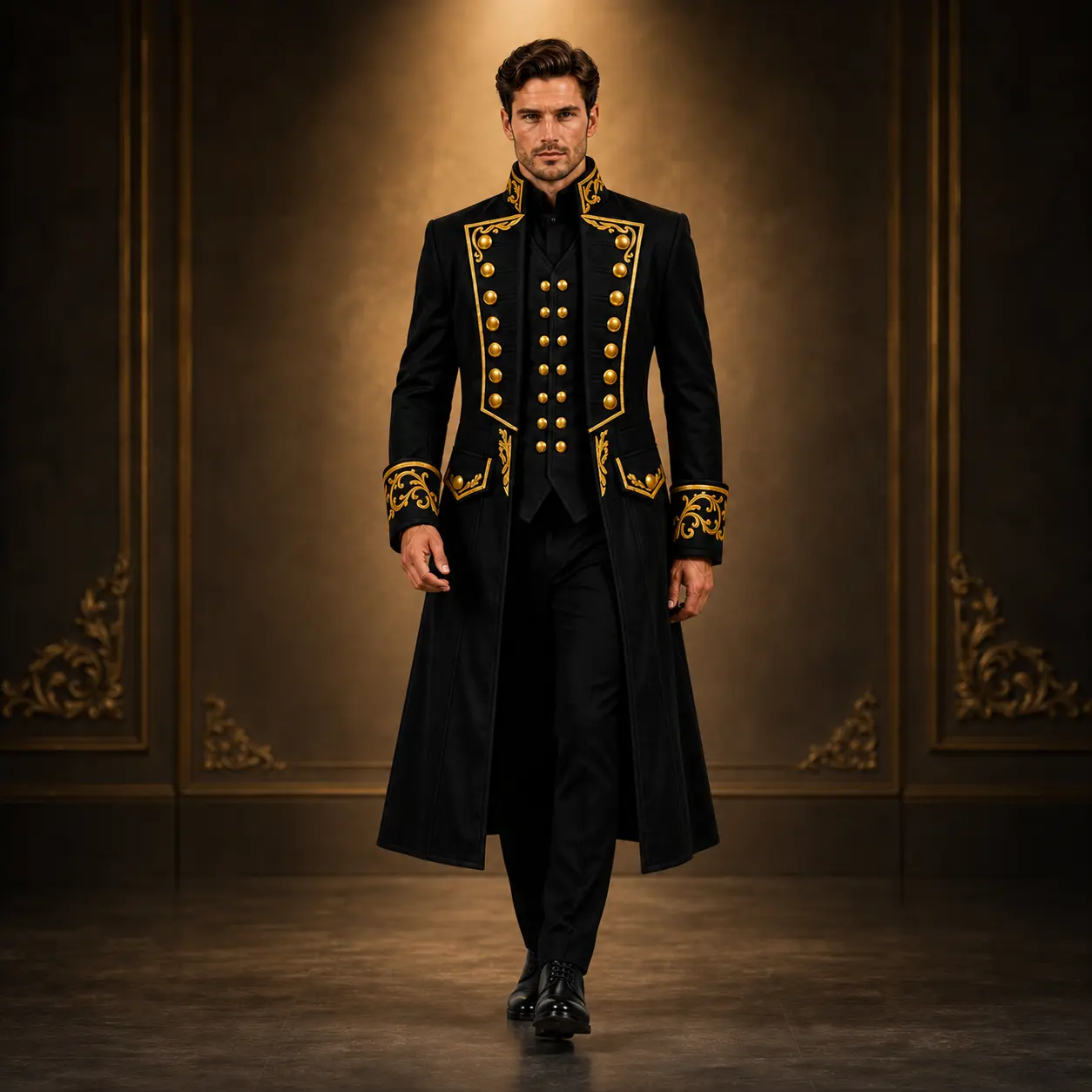 Black Military Parade Outfit, Mens Gold Embroidered Coat, Gothic Costume Black Military Parade Outfit, Mens Gold Embroidered Coat, Gothic Costume