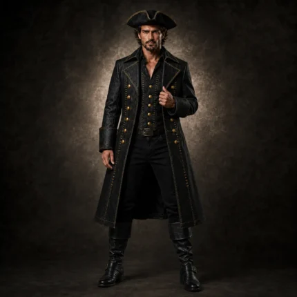 Black Pirate Captain Coat Men, Gothic Denim Costume Jacket, Steampunk Buccaneer Cosplay Outfit
