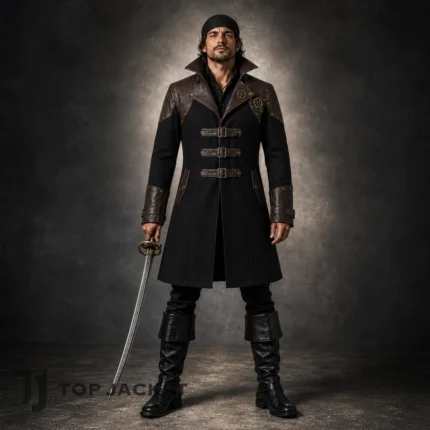Black Pirate Captain Costume Men, Gothic Buccaneer Coat, Steampunk Pirate Jacket, Halloween Outfit