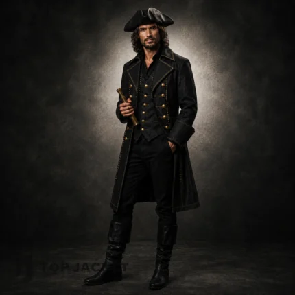 Black Pirate Captain Costume, Mens Denim Pirate Coat, Tricorn Hat Boots Set, Halloween Cosplay Outfit