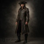 Black Pirate Costume Men, Long Captain Jacket with Hat, Adult Buccaneer Cosplay Coat, Halloween Outfit