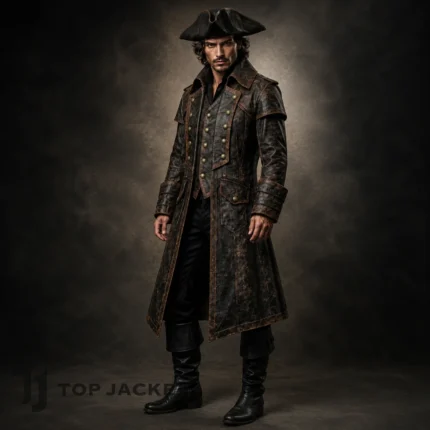 Black Pirate Costume Men, Long Captain Jacket with Hat, Adult Buccaneer Cosplay Coat, Halloween Outfit