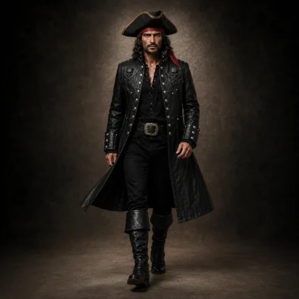 Black Pirate Leather Coat for Men, Gothic Pirate Captain Jacket, Buccaneer Cosplay Costume, Halloween Outfit
