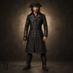 Captain Hook Pirate Costume Men, Black Leather Pirate Coat, Gothic Buccaneer Cosplay Jacket