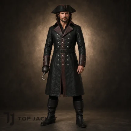 Captain Hook Pirate Costume Men, Black Leather Pirate Coat, Gothic Buccaneer Cosplay Jacket