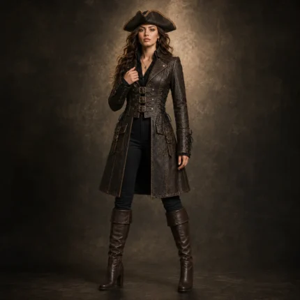Female Pirate Leather Coat, Brown Steampunk Corset Jacket, Buccaneer Cosplay Costume