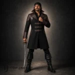 Gothic Pirate Captain Coat, Mens Black Buccaneer Costume, Steampunk Jacket, Halloween Cosplay Outfit