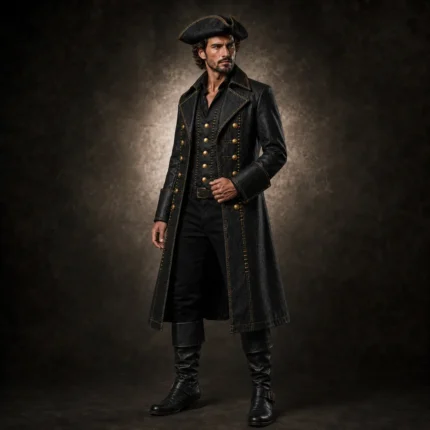 Men Black Gothic Pirate Coat, Denim Captain Jacket, Buccaneer Costume, Renaissance Festival Outfit