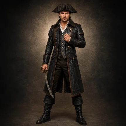 Men Black Leather Pirate Coat, Captain Costume Jacket, Steampunk Renaissance Outfit, Halloween Cosplay Coat, LARP Costume