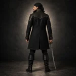 Men Black Leather Pirate Coat, Steampunk Captain Jacket, Gothic Renaissance Costume, Halloween Cosplay Outfit
