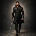 Men Black Leather Pirate Costume, Captain Coat With Boots, Steampunk Renaissance Outfit, Halloween LARP Costume