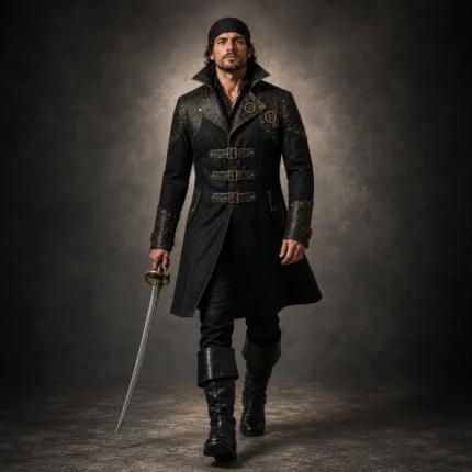 Men Black Leather Pirate Costume, Captain Coat With Boots, Steampunk Renaissance Outfit, Halloween LARP Costume