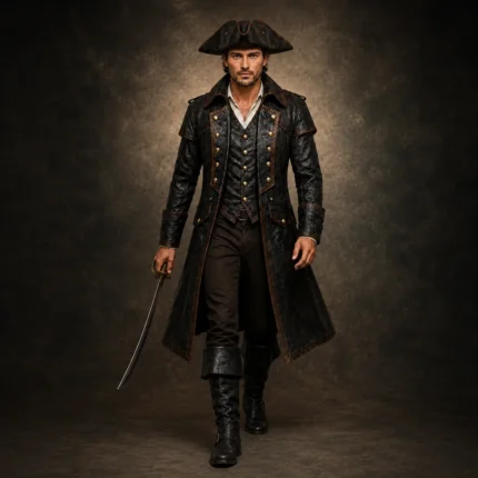 Men Black Leather Pirate Costume, Long Captain Coat, Steampunk Renaissance Jacket, Cosplay Festival Outfit