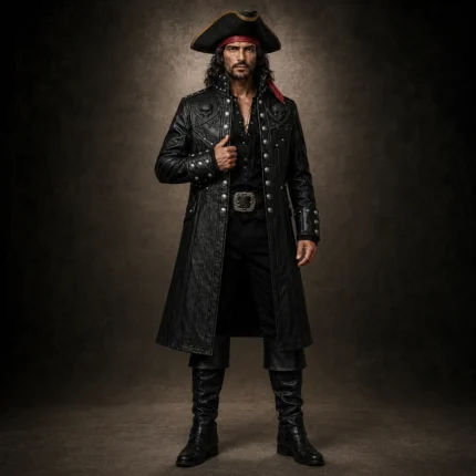 Men Black Pirate Captain Coat, Leather Buccaneer Jacket, Gothic Halloween Costume, Renaissance Fair Coat