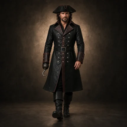 Men Black Pirate Leather Coat, Captain Hook Jacket, Gothic Buccaneer Costume, Renaissance Outfit