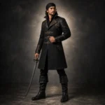 Men Black Leather Pirate Costume, Captain Coat With Boots, Steampunk Renaissance Outfit, Halloween LARP Costume