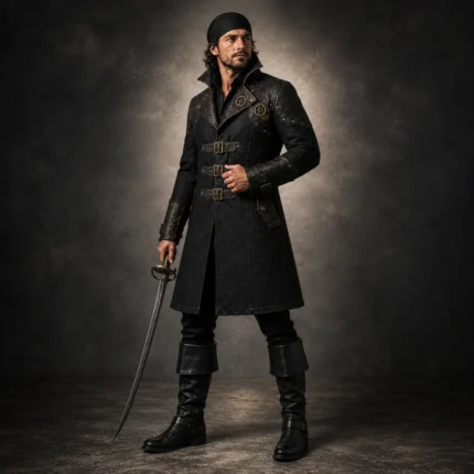 Men Black Leather Pirate Costume, Captain Coat With Boots, Steampunk Renaissance Outfit, Halloween LARP Costume