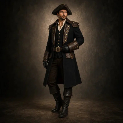 Men Black Steampunk Pirate Coat, Captain Hook Style Jacket, Renaissance Fair Costume, Halloween Cosplay Outfit