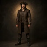 Men Brown Leather Pirate Coat, Captain Costume Jacket, Gothic Buccaneer Outfit, Renaissance Fair Wear