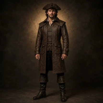 Men Brown Leather Pirate Coat, Captain Costume Jacket, Gothic Buccaneer Outfit, Renaissance Fair Wear