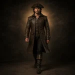 Men Brown Leather Pirate Coat, Long Captain Jacket, Renaissance Fair Costume, Buccaneer Outfit