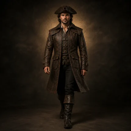 Men Brown Leather Pirate Coat, Long Captain Jacket, Renaissance Fair Costume, Buccaneer Outfit