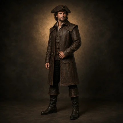 Men Brown Pirate Coat, Leather Captain Costume Jacket, Buccaneer Cosplay Outfit, Renaissance Fair Wear