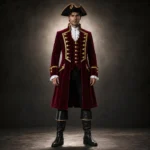 Men Burgundy Pirate Coat, Velvet Captain Jacket, Buccaneer Halloween Costume, Renaissance Festival Outfit