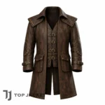 Men Distressed Brown Leather Pirate Coat, Medieval Captain Jacket, Gothic Buccaneer Frock Coat, Steampunk Cosplay Outfit 1