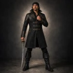 Men Black Leather Pirate Costume, Captain Coat With Boots, Steampunk Renaissance Outfit, Halloween LARP Costume