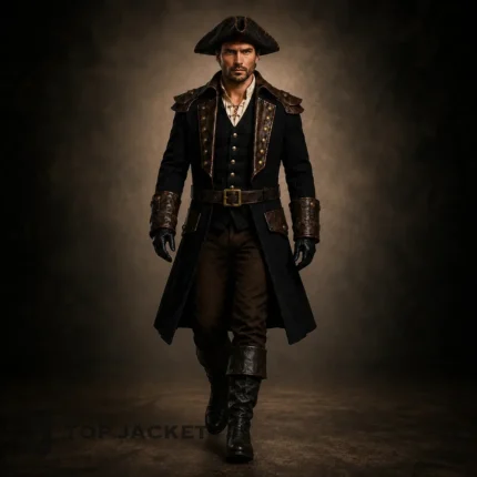 Men Pirate Captain Costume, Black Long Coat, Leather Trim Buccaneer Jacket, Steampunk Renaissance Outfit