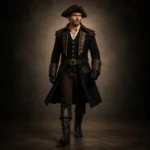 Men Pirate Captain Costume, Black Long Coat, Leather Trim Buccaneer Jacket, Steampunk Renaissance Outfit