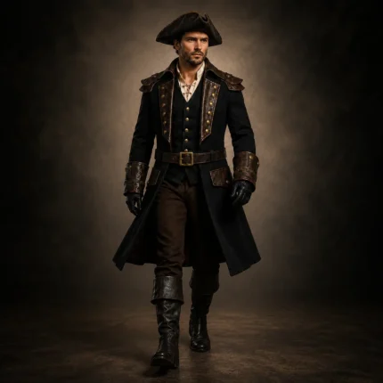 Men Pirate Captain Costume, Black Long Coat, Leather Trim Buccaneer Jacket, Steampunk Renaissance Outfit