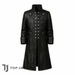 Men Pirate Cosplay Black Leather Coat, Gothic Skull Studded Jacket, Jolly Roger Buccaneer Trench Coat, Calico Jack Pirate Trench (2)