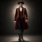 Men Red Pirate Costume Coat, Velvet Captain Jacket, Gold Trim Buccaneer Outfit, Halloween Cosplay Coat