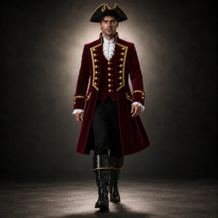 Men Red Pirate Costume Coat, Velvet Captain Jacket, Gold Trim Buccaneer Outfit, Halloween Cosplay Coat
