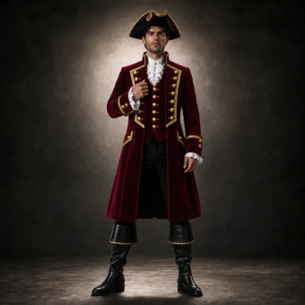 Men Red Velvet Pirate Coat, Captain Costume Jacket, Renaissance Fair Outfit, Buccaneer Cosplay Coat