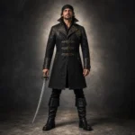 Men Black Leather Pirate Costume, Captain Coat With Boots, Steampunk Renaissance Outfit, Halloween LARP Costume