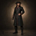 Men's Black Leather Pirate Coat, Captain Hook Costume, Gothic Buccaneer Jacket, Renaissance Fair Outfit