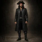 Men's Black Leather Pirate Coat, Gothic Buccaneer Jacket, Skull Embroidered Pirate Costume, Renaissance Fair Outfit