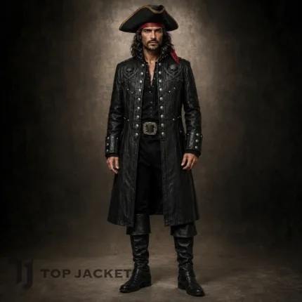 Men's Black Leather Pirate Coat, Gothic Buccaneer Jacket, Skull Embroidered Pirate Costume, Renaissance Fair Outfit
