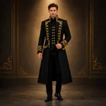 Mens Black Military Parade Coat, Gold Embroidered Tailcoat, Gothic Officer Costume