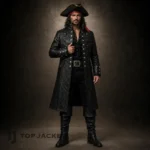 Men's Black Pirate Captain Coat, Leather Buccaneer Jacket, Gothic Halloween Costume, Renaissance Fair Coat