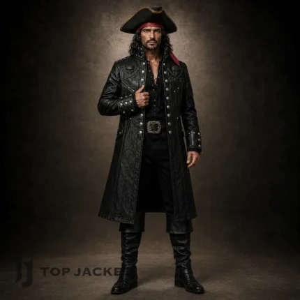 Men's Black Pirate Captain Coat, Leather Buccaneer Jacket, Gothic Halloween Costume, Renaissance Fair Coat