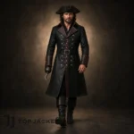 Men's Black Pirate Leather Coat, Captain Hook Jacket, Gothic Buccaneer Costume, Renaissance Outfit