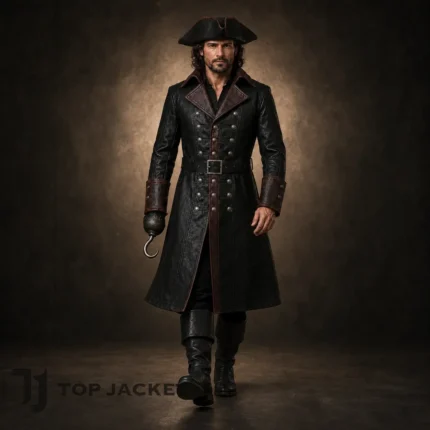 Men's Black Pirate Leather Coat, Captain Hook Jacket, Gothic Buccaneer Costume, Renaissance Outfit