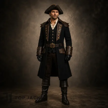 Men's Black Steampunk Pirate Coat, Captain Hook Style Jacket, Renaissance Fair Costume, Halloween Cosplay Outfit
