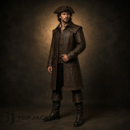 Men's Brown Pirate Coat, Leather Captain Costume Jacket, Buccaneer Cosplay Outfit, Renaissance Fair Wear