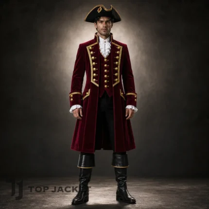 Men's Burgundy Pirate Coat, Velvet Captain Jacket, Buccaneer Halloween Costume, Renaissance Festival Outfit