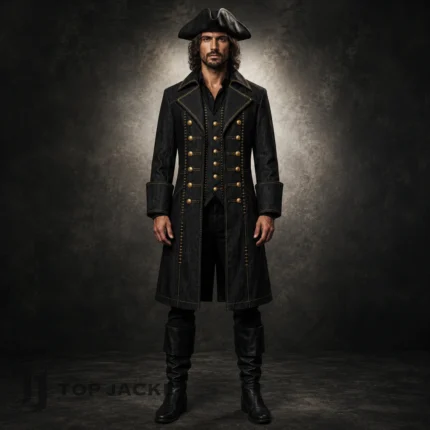 Mens Denim Pirate Costume, Black Pirate Coat Set, Tricorn Hat and Boots, Gothic Captain Outfit